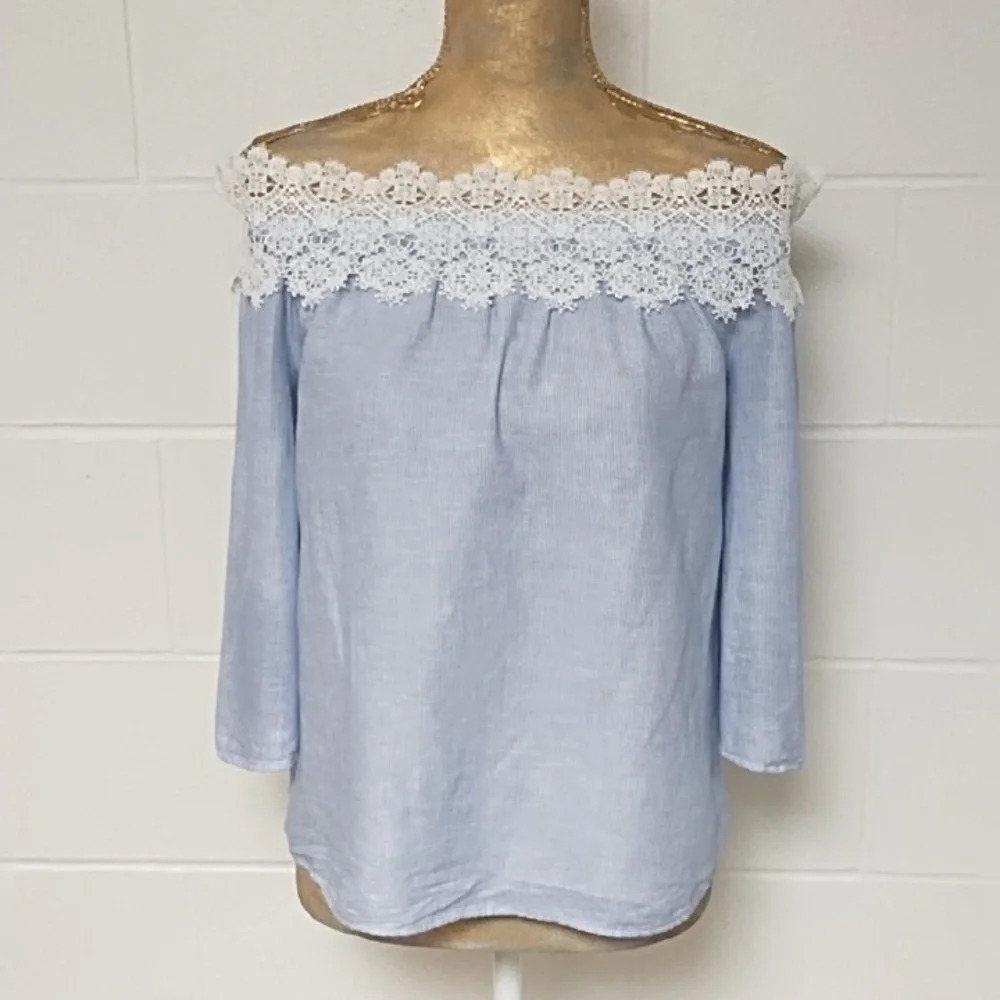 Zara Off Shoulder, Lace &‎ Pinstripes, Cotton/Linen Blend Blouse, Top 3/4 Sleeve